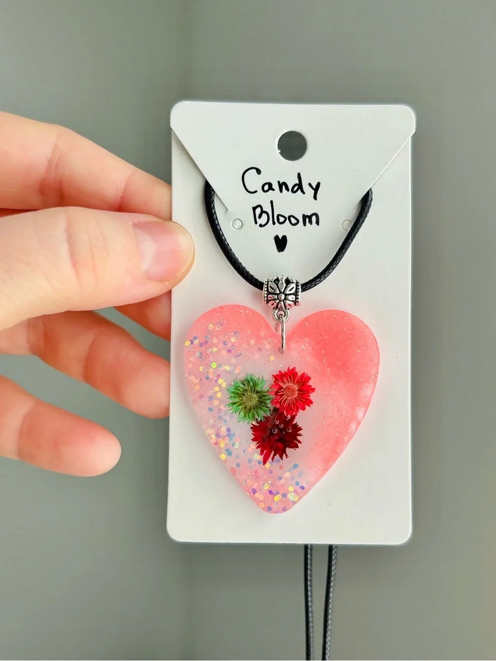 Candy Bloom Resin Heart Necklace Handmade Dried Flower Pink Pendant